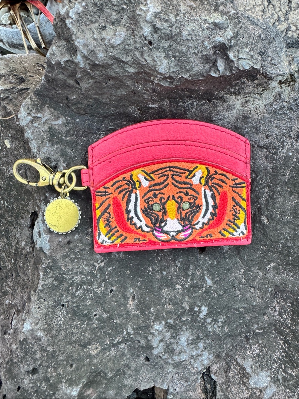 Fossil Red Leather Embroidered Tiger Card Case Keychain